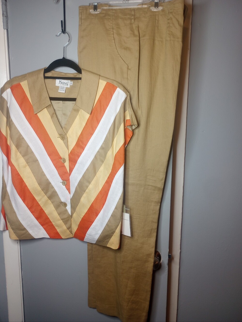 Linen  Pantsuit Chevron  Button Front Top  in Orange, Cream & Tan